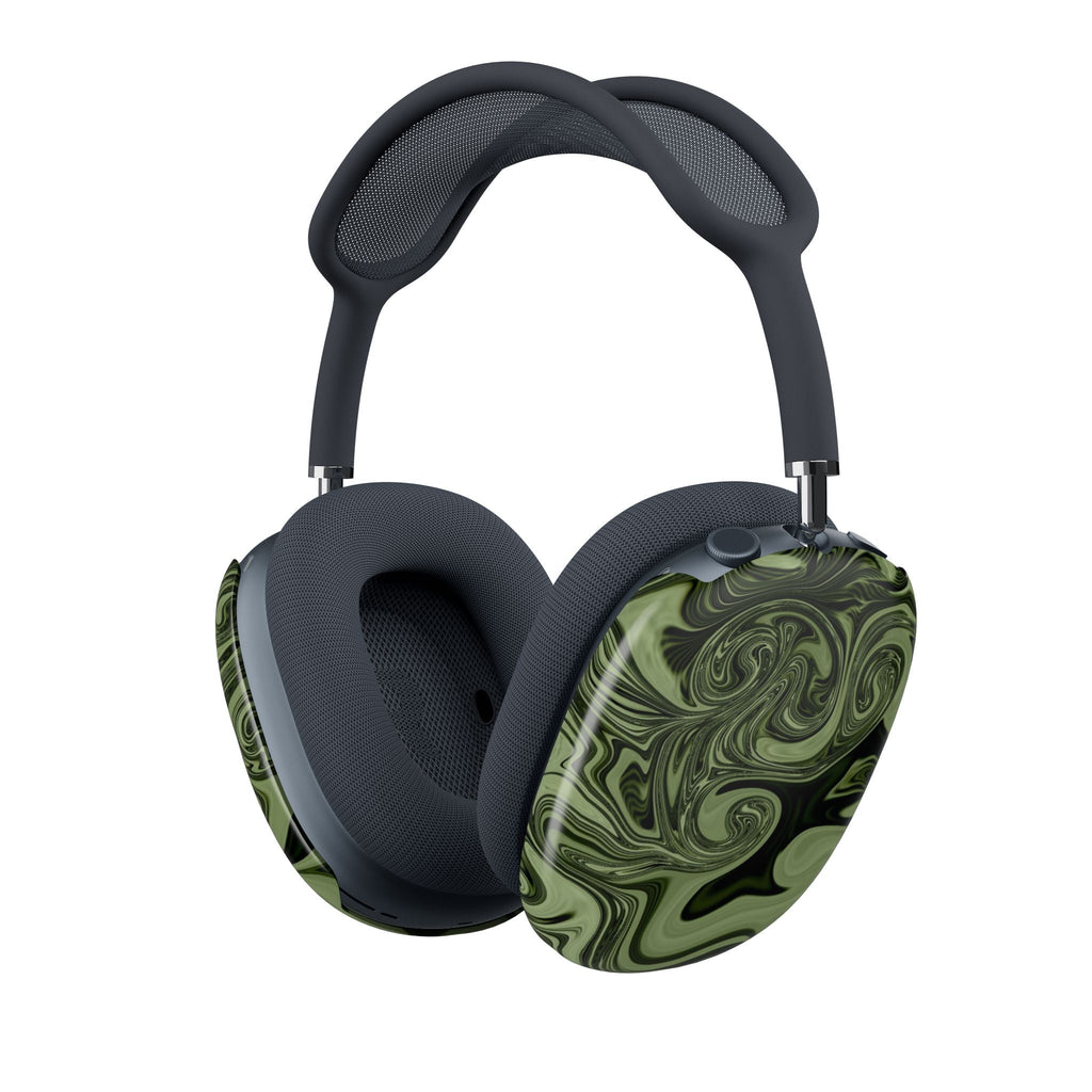 Artful AirPods Max Case — Olive Green Marble Swirl, Lightweight & Scratch-Resistant Design fitted on Apple AirPods Max headphones from the opposite angle. Apple airpods max 2ccase offering stylish scratch-resistant protection with bold green marble detailing.