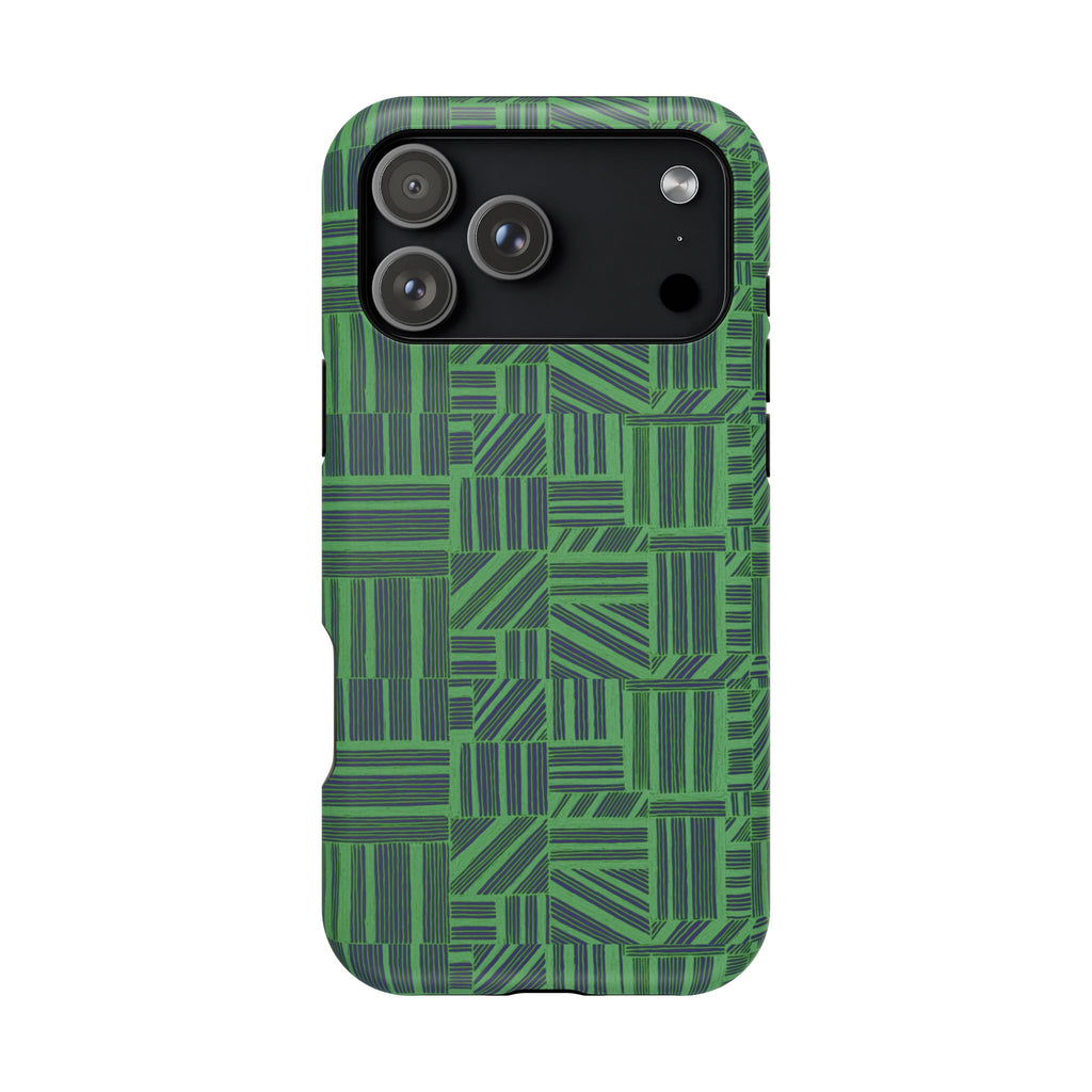 Green Magnetic Phone Case — 2-Layer Geometric MagSafe-Compatible Impact-Resistant Cover, green magnetic phone case- price match with CASETiFY and Casely, rear view with green geometric pattern.