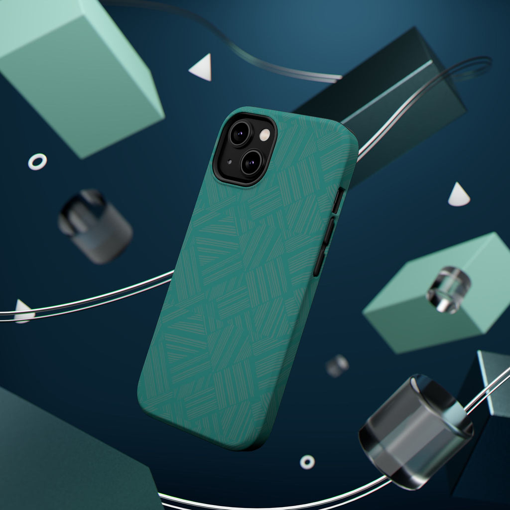 Magnetic Impact-Resistant Phone Case — Teal Geometric Protective Cover, magnetic iphone 18 pro case angled lifestyle product image