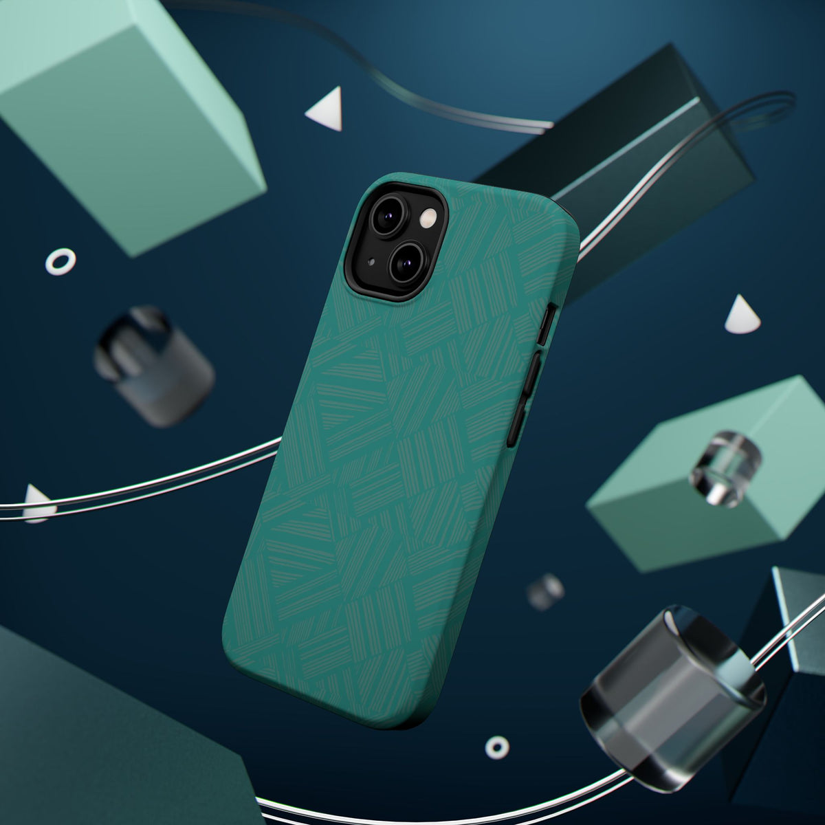 Magnetic Impact-Resistant Phone Case — Teal Geometric Protective Cover, magnetic iphone 18 pro case angled lifestyle product image