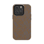 Tough Phone Case — Geometric Maze Brown Protective Cover, wireless charging iphone 18 pro max case featuring a glossy brown geometric design and triple-camera protection.