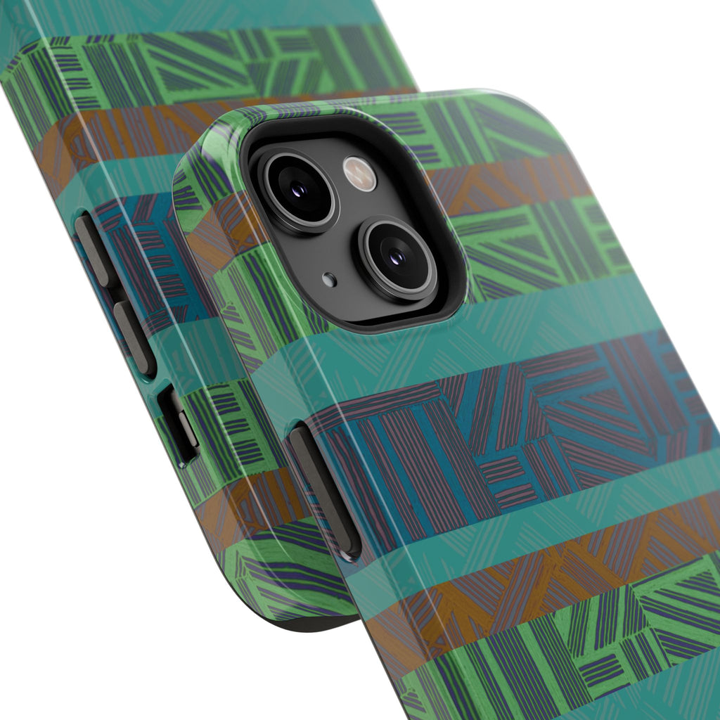 Green Geometric Stripe Phone Case — Impact-Resistant, wireless charging iphone 16 pro max case angled close-up showing durable edge coverage.
