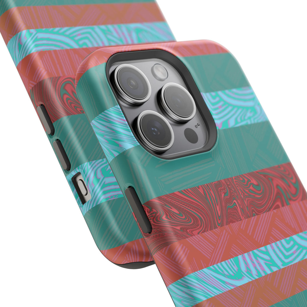 Striped Teal & Coral Magnetic Impact Phone Case close-up of raised camera protection, Fractyl magsafe compatible iphone 18 pro max case