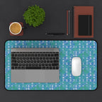 Blue Green Abstract Waves Desk Mat — Patterned Office Mousepad, large desk mat with laptop and mouse workspace setup in a vibrant teal and blue pattern