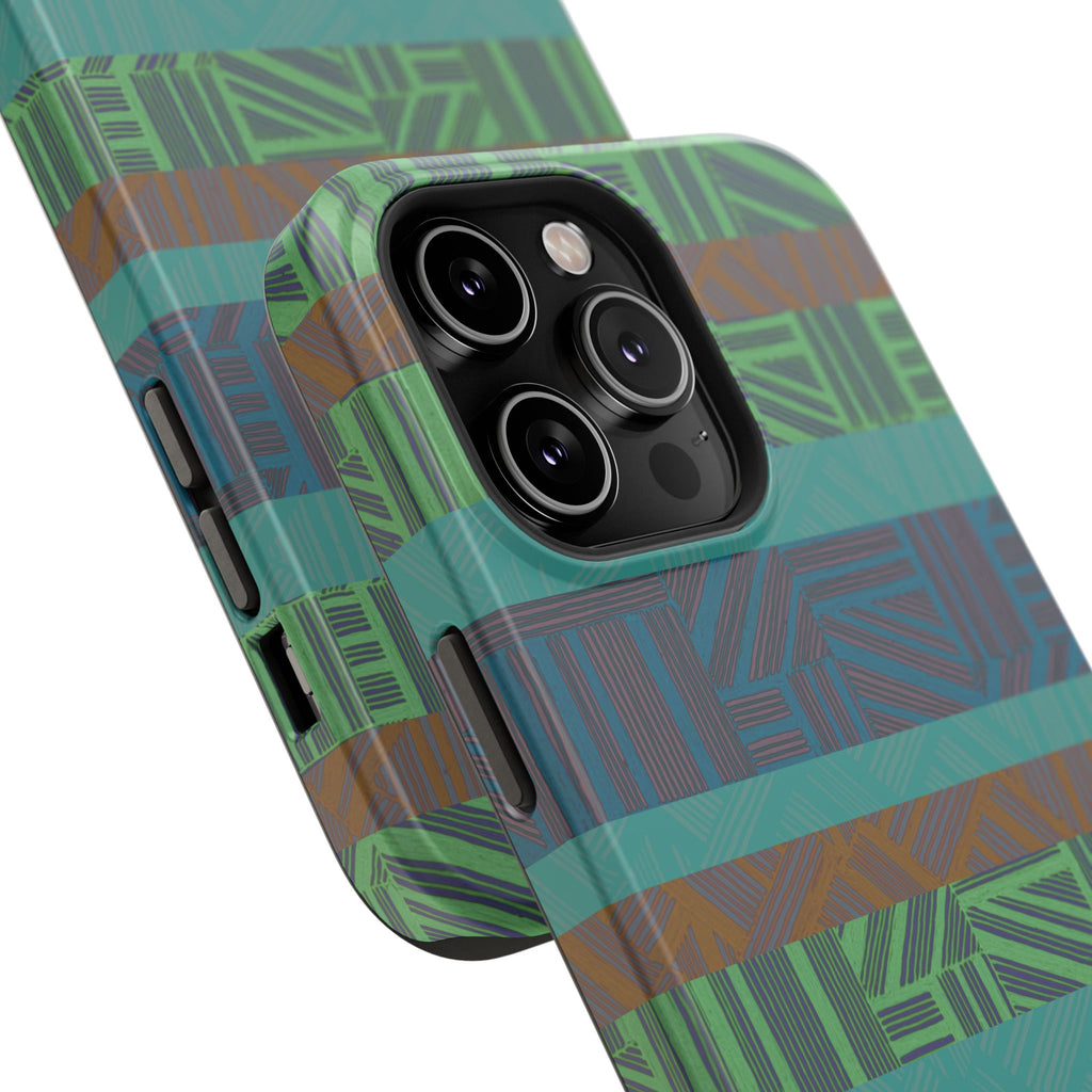Green Geometric Stripe Phone Case — Impact-Resistant, wireless charging iphone 16 pro max case angled product image with port access and impact-resistant edges.