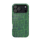 Green Magnetic Phone Case — 2-Layer Geometric MagSafe-Compatible Impact-Resistant Cover, green magnetic phone case- price match with CASETiFY and Casely, angled lifestyle view against a dark geometric background.