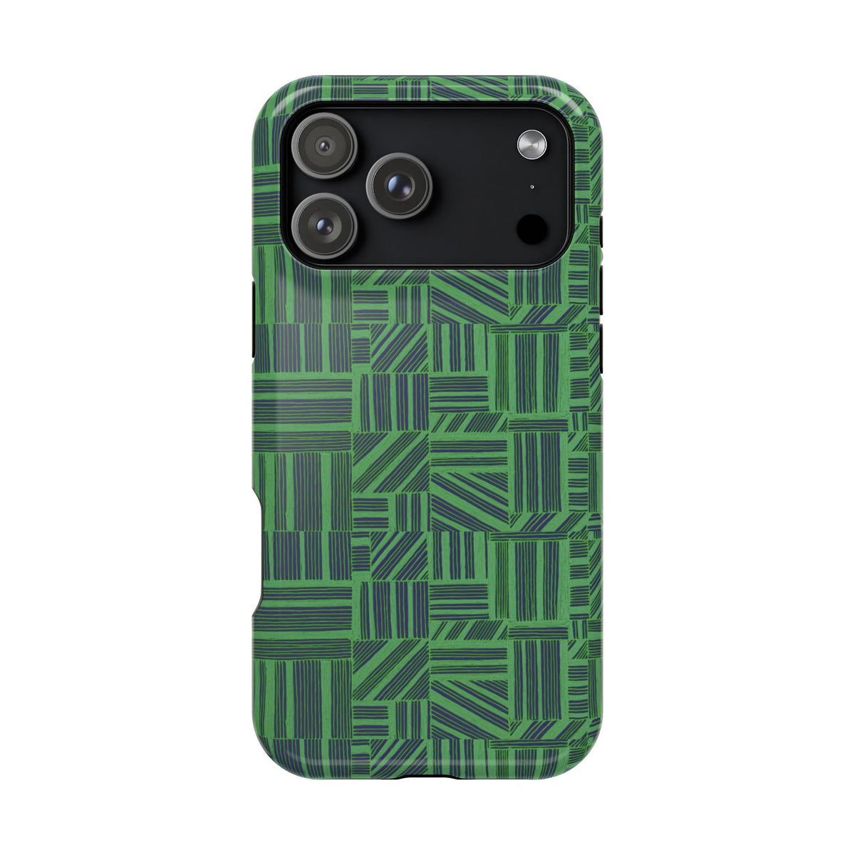 Green Magnetic Phone Case — 2-Layer Geometric MagSafe-Compatible Impact-Resistant Cover, green magnetic phone case- price match with CASETiFY and Casely, angled lifestyle view against a dark geometric background.