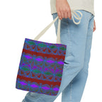 Geometric Heart Pattern Tote Bag — Vintage Tribal All-Over Print, model carrying a geometric canvas tote bag with cream handles