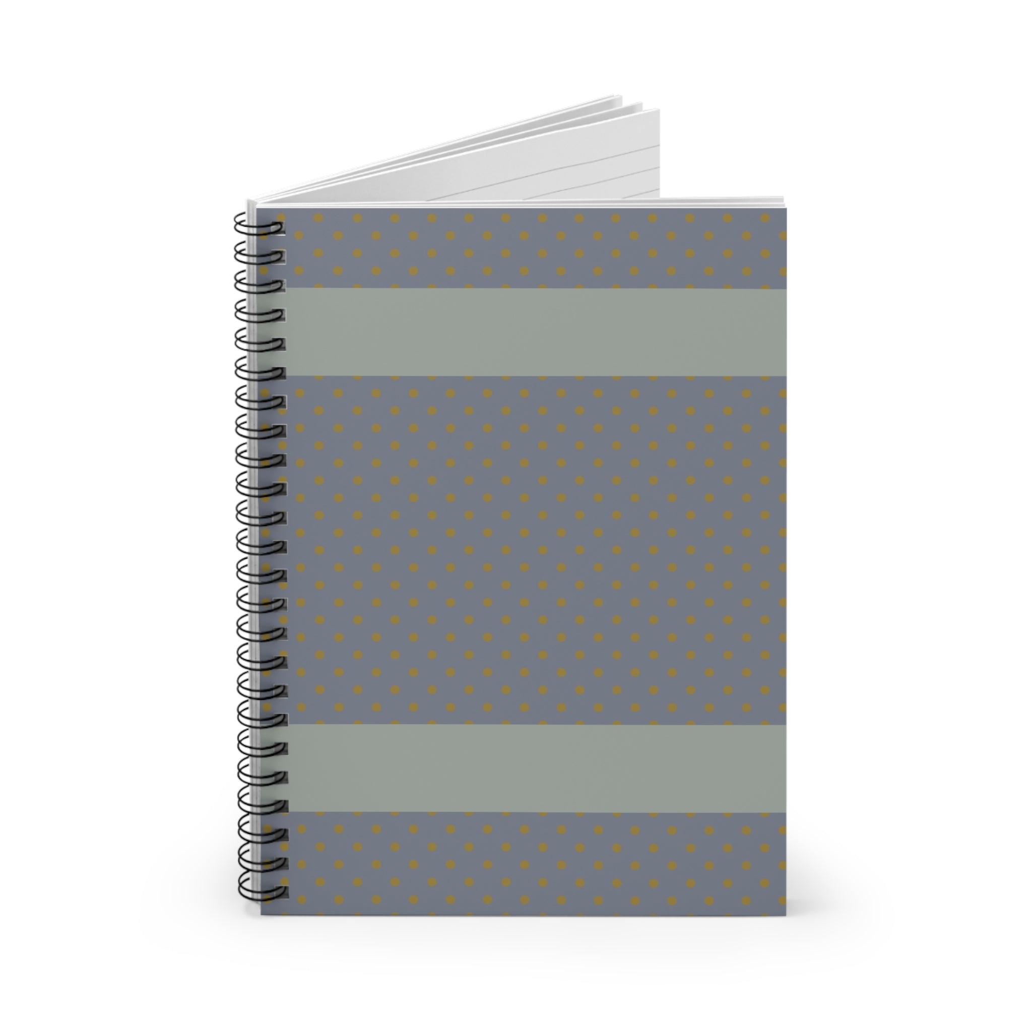 Side view of the Grey Polka Dot Spiral Notebook – a compact writing notebook designed with a stylish dot pattern. Suitable for office use and a great gift for students, this small notebook is perfect for school or work, with lined pages for effective note-taking.