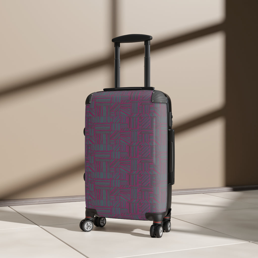 Geometric Plum Carry-On Suitcase – Stylish Patterned Rolling Luggage, angled view of an expandable carry on suitcase in warm indoor light showing its patterned hard shell and smooth spinner wheels.