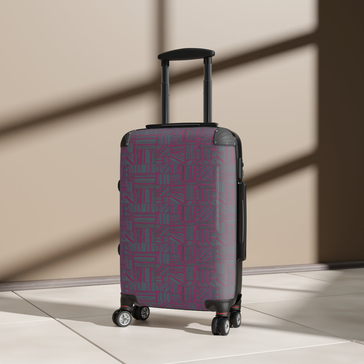 Geometric Plum Carry-On Suitcase – Stylish Patterned Rolling Luggage, angled view of an expandable carry on suitcase in warm indoor light showing its patterned hard shell and smooth spinner wheels.