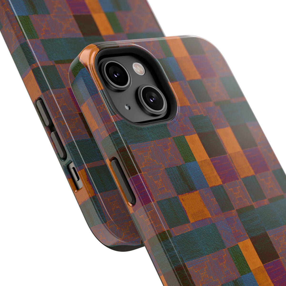 Impact-Resistant Phone Case — Retro Checkerboard Pattern, Fractyl wireless charging iphone 18 pro case displayed from the side to show button coverage and rounded edges.