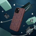 MagSafe Impact Resistant Phone Case - Geometric Brown Pattern, Dual-Layer Protection, floating lifestyle product display; impact resistant iphone 17 pro max case