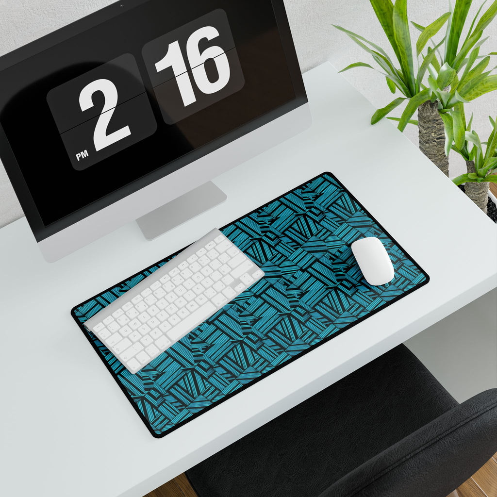 Geometric Teal Desk Mat — Large Patterned Mousepad for Office & Gaming, teal patterned gaming desk mat arranged with a white keyboard and mouse on a modern desk