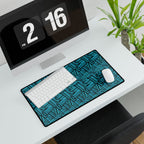 Geometric Teal Desk Mat — Large Patterned Mousepad for Office & Gaming, teal patterned gaming desk mat arranged with a white keyboard and mouse on a modern desk