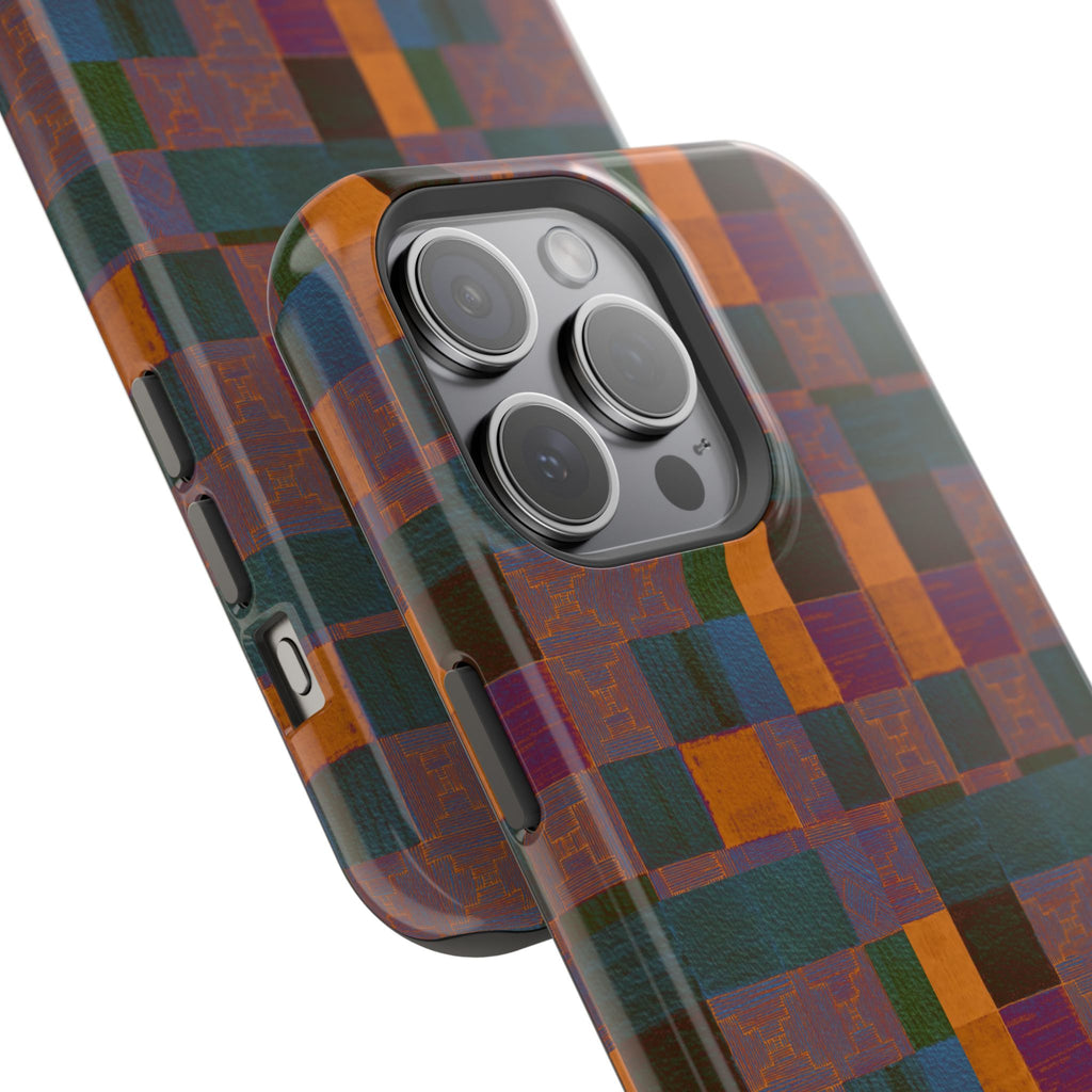 Impact-Resistant Phone Case — Retro Checkerboard Pattern, Fractyl wireless charging iphone 18 pro case featuring rich painterly colors and a raised camera frame.