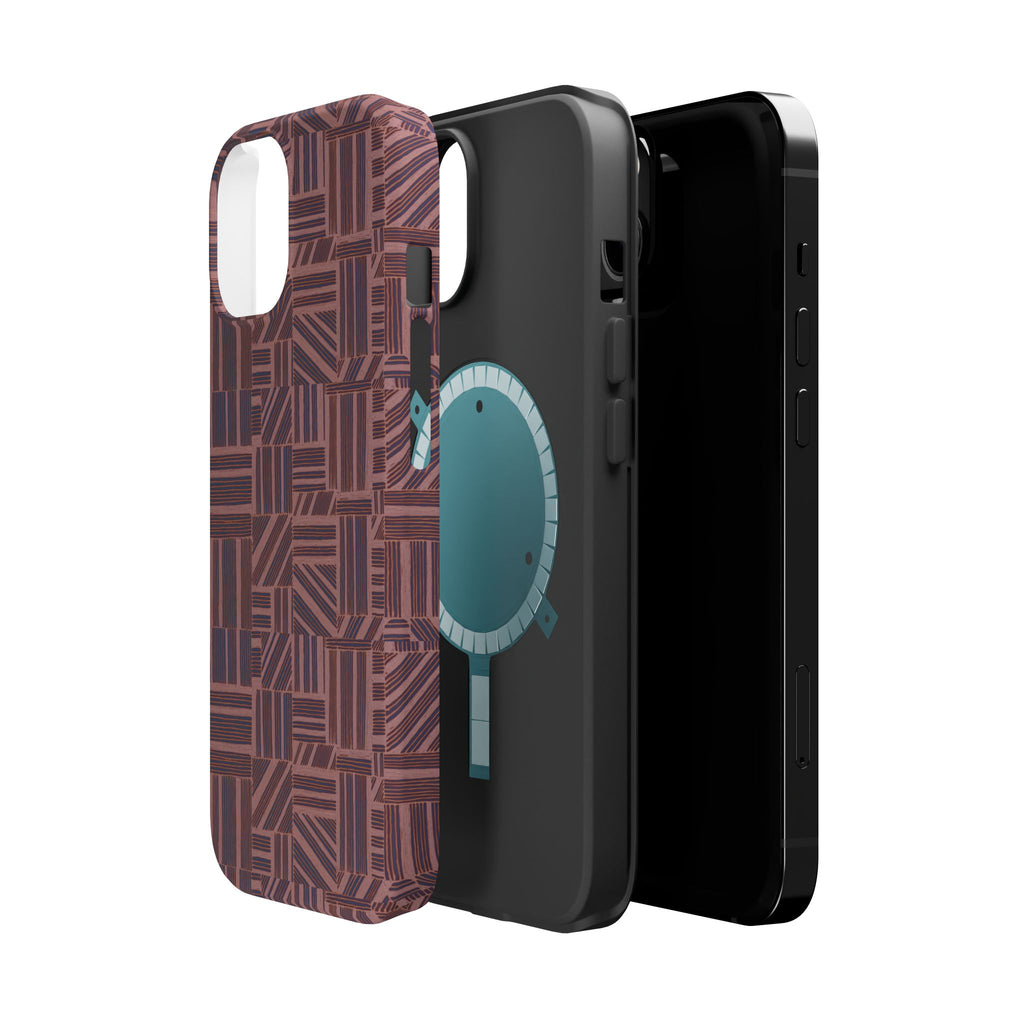 MagSafe Impact Resistant Phone Case - Geometric Brown Pattern, Dual-Layer Protection, exploded layered case construction; impact resistant iphone 17 pro max case