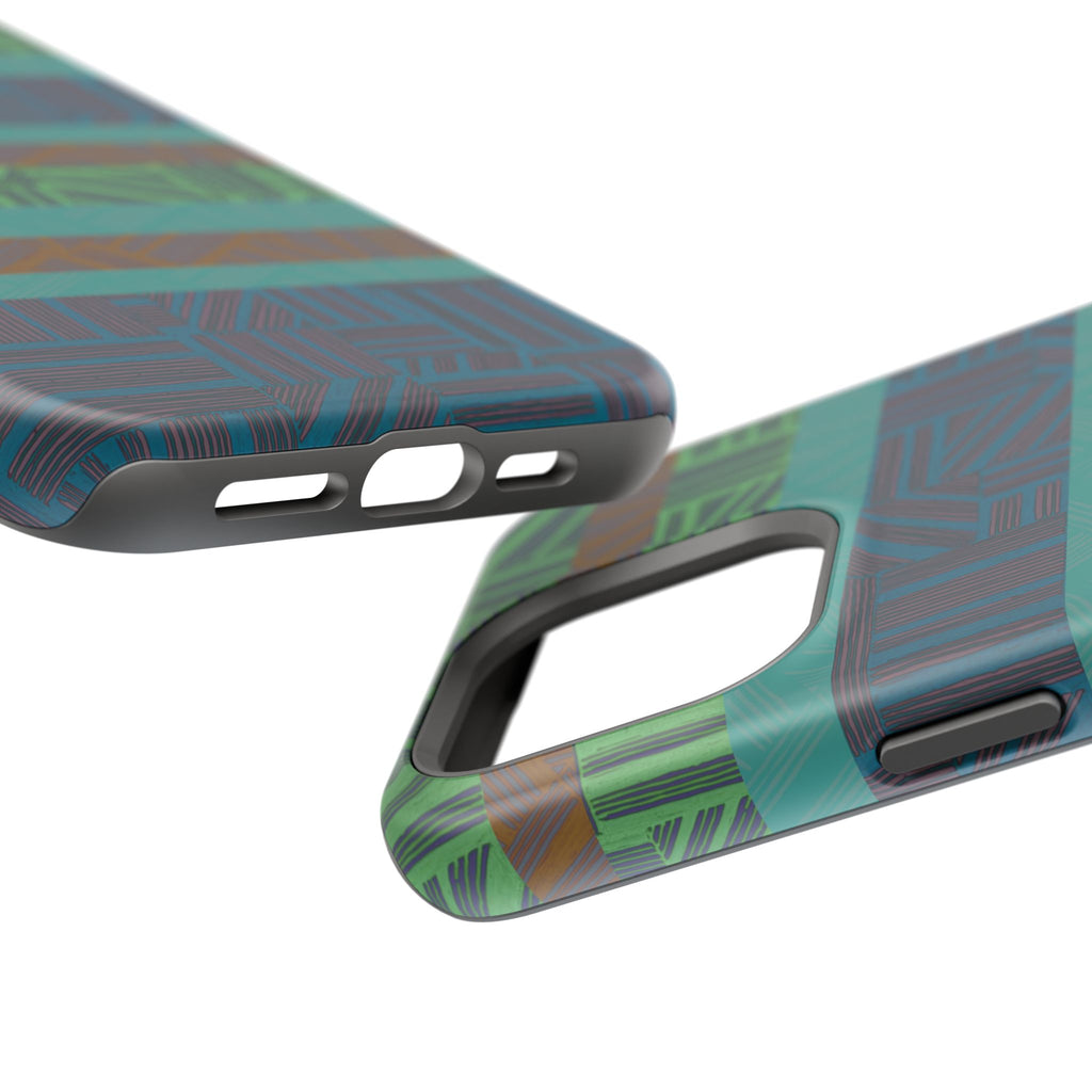 Green Geometric Stripe Phone Case — Impact-Resistant, wireless charging iphone 16 pro max case close-up with open camera and charging port cutouts.