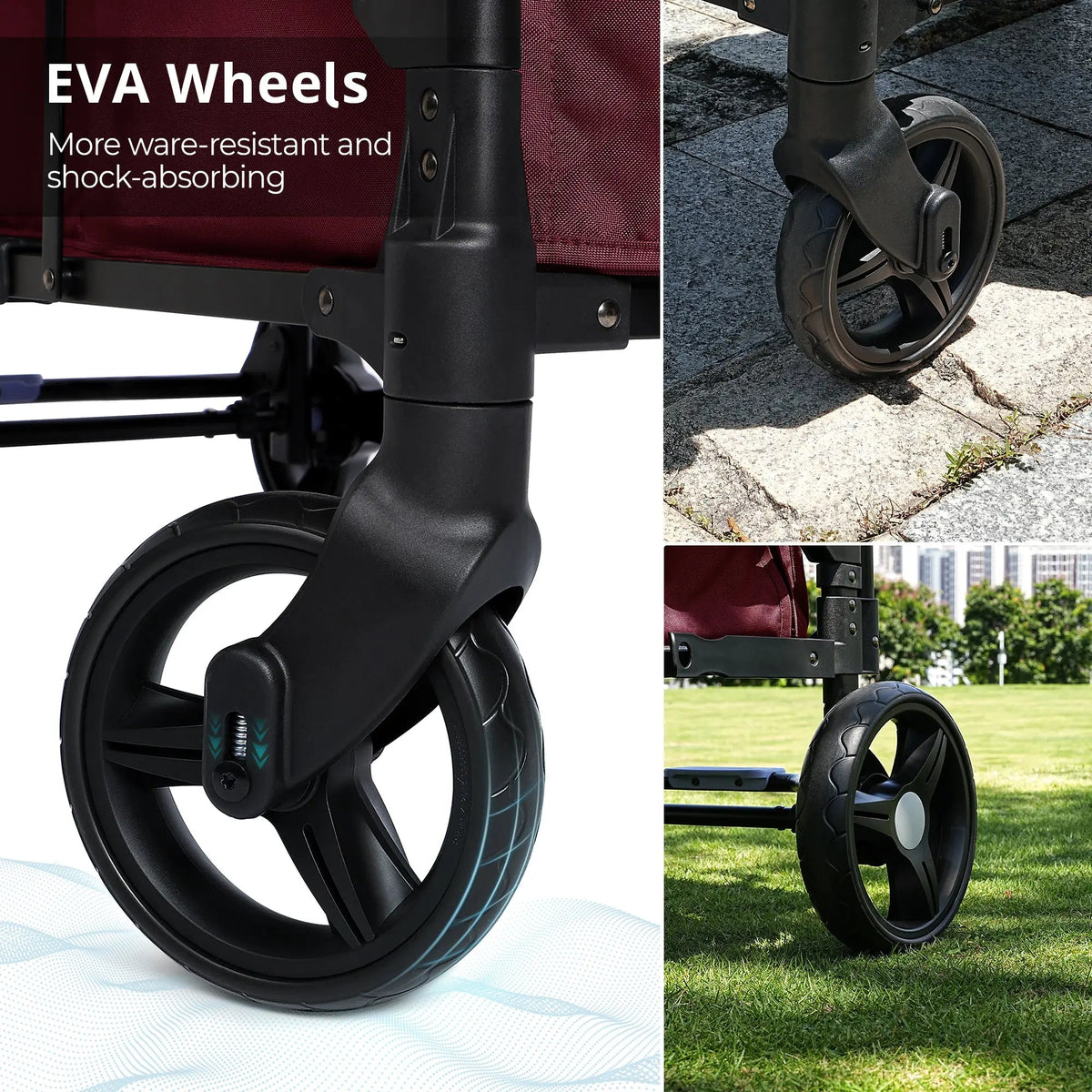 Momfann 2-Seater All-Terrain Stroller Wagon for Kids with red shock-absorbing EVA wheels, momfann 2 seater folding stroller wagon, Momfann, Shopify Collective.