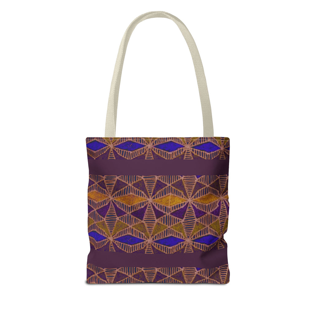 Bohemian Geometric Pattern Tote Bag — Purple & Gold All-Over Print, cream-handle printed canvas tote with repeating bohemian motif