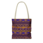 Bohemian Geometric Pattern Tote Bag — Purple & Gold All-Over Print, cream-handle printed canvas tote with repeating bohemian motif