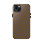 Tough Phone Case — Geometric Maze Brown Protective Cover, wireless charging iphone 18 pro max case showing a durable glossy finish and camera opening.