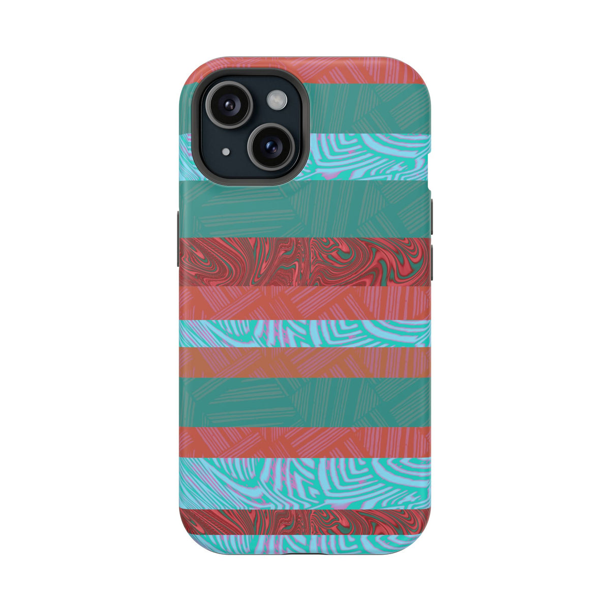 Striped Teal & Coral Magnetic Impact Phone Case rear and side view with raised camera edge, Fractyl magsafe compatible iphone 18 pro max case
