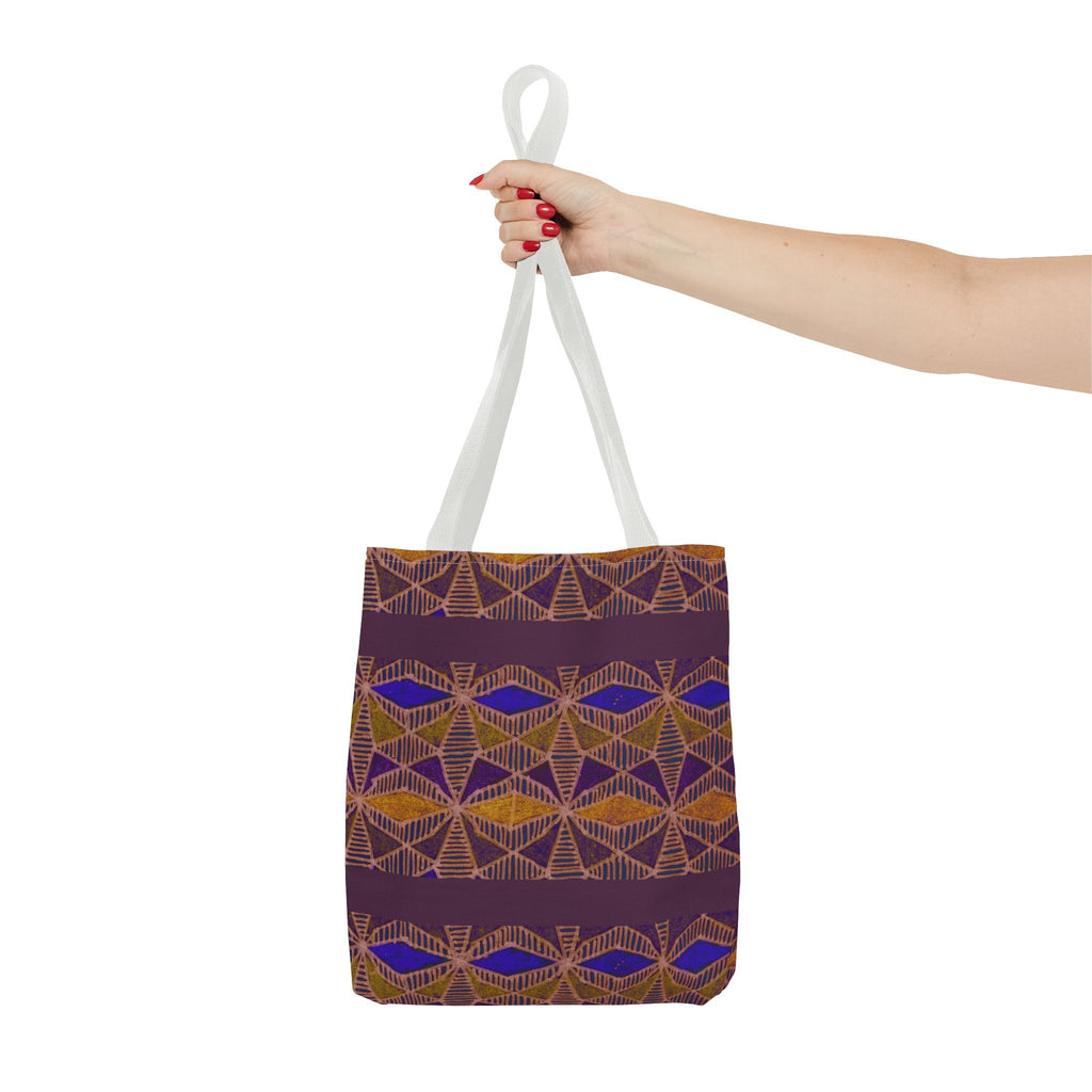 Bohemian Geometric Pattern Tote Bag — Purple & Gold All-Over Print, white printed canvas tote held by hand for casual use