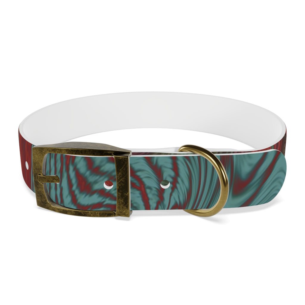 Vintage brass detail on the Marbled Swirl Dog Collar — Red & Teal Abstract Pet Collar, combining style with hypoallergenic dog collar advantages.