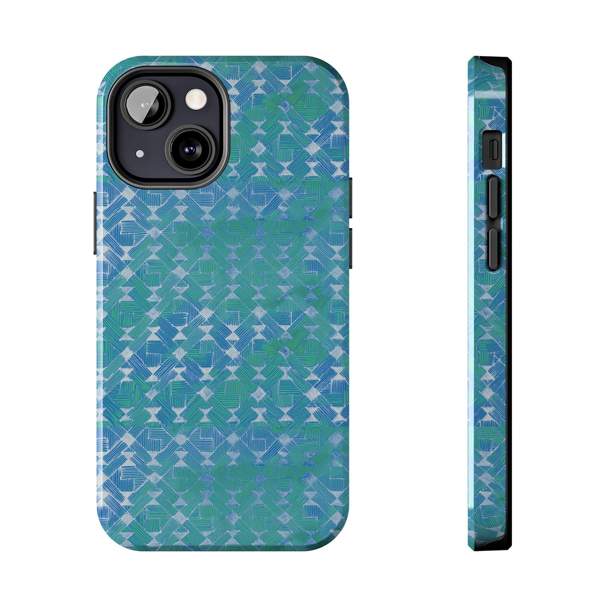 Tough Phone Case — Blue-Green Geometric Watercolor Pattern, shockproof iphone 17 pro case glossy rear view