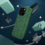 Green Magnetic Phone Case — 2-Layer Geometric MagSafe-Compatible Impact-Resistant Cover, green magnetic phone case- price match with CASETiFY and Casely, close-up exploded view of dual-layer protection.
