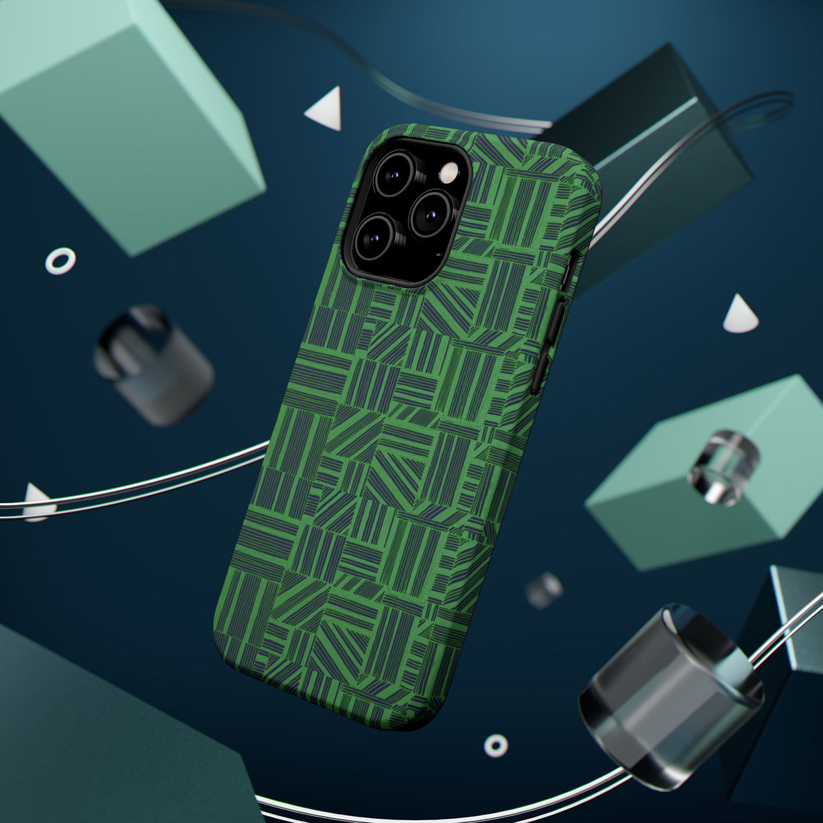 Green Magnetic Phone Case — 2-Layer Geometric MagSafe-Compatible Impact-Resistant Cover, green magnetic phone case- price match with CASETiFY and Casely, close-up exploded view of dual-layer protection.