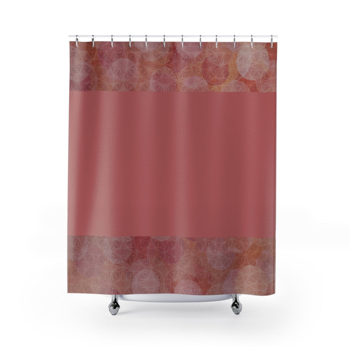 Blush Rose Geometric Shower Curtain featuring a modern pink patterned design, highlighting its elegant colors and textures, perfect for a stylish bathroom decor. Ideal quick-drying shower curtain.