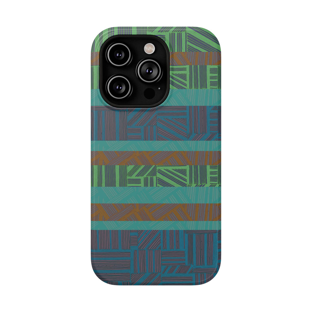 Green Geometric Stripe Phone Case — Impact-Resistant, wireless charging iphone 16 pro max case rear view with teal horizontal bands and green geometry.