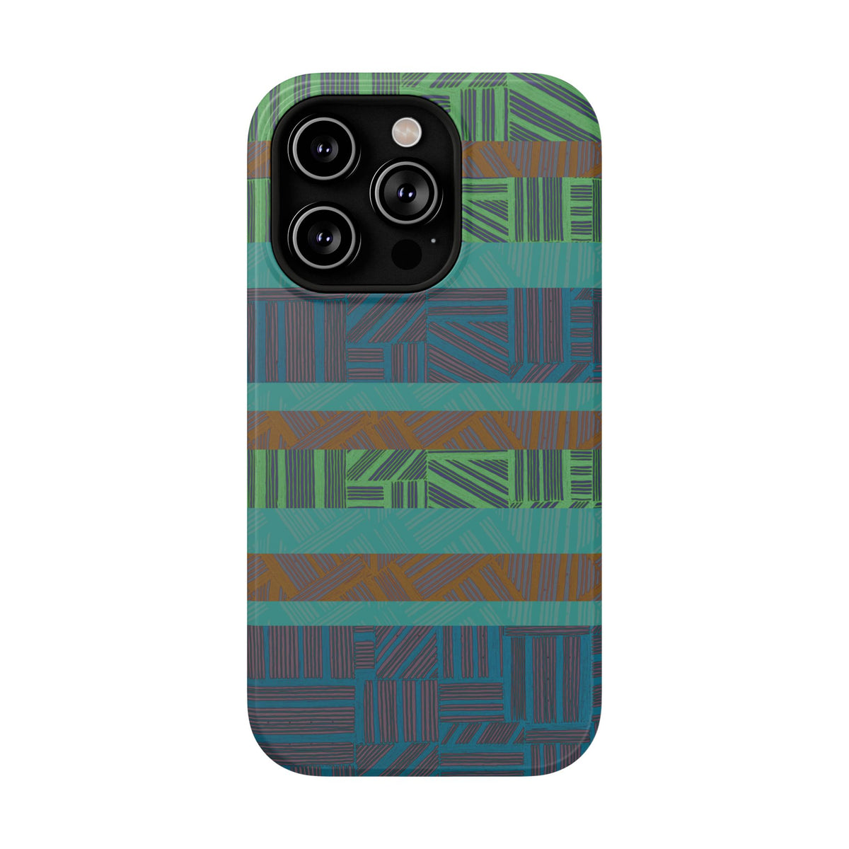 Green Geometric Stripe Phone Case — Impact-Resistant, wireless charging iphone 16 pro max case rear view with teal horizontal bands and green geometry.