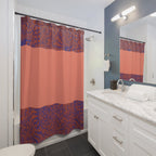 Stylish bathroom featuring the Abstract Coral & Indigo Shower Curtain by Printify, set against white cabinetry and tiled surfaces. This shower curtain is a colorful addition to any boho bath decor, blending funky curtain vibes with abstract print appeal for a dynamic bathroom setting.