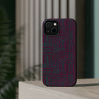 Slim Protective Phone Case With MagSafe, Dual-Layer Impact Protection, Plum Geometric Design, rear view with vertically arranged camera lenses; slim protective iphone 16 promax  case.