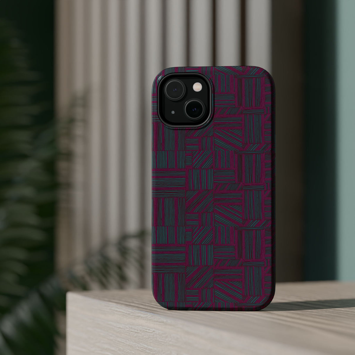 Slim Protective Phone Case With MagSafe, Dual-Layer Impact Protection, Plum Geometric Design, rear view with vertically arranged camera lenses; slim protective iphone 16 promax  case.