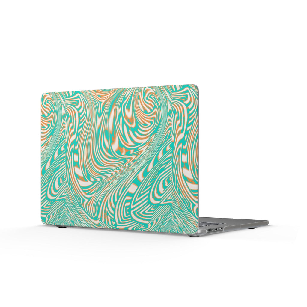 Back view of the Marbled Teal Matte MacBook Case revealing its stunning swirl design, perfect as a stylish and scratch-resistant MacBook cover.