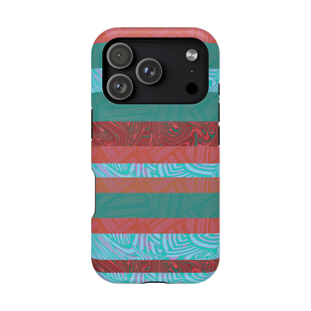 Striped Teal & Coral Magnetic Impact Phone Case slim protective profile, Fractyl magsafe compatible iphone 18 pro max case