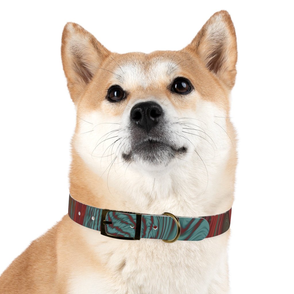 Vintage brass finish on the Marbled Swirl Dog Collar — Red & Teal Abstract Pet Collar, a stylish and hypoallergenic dog collar option.