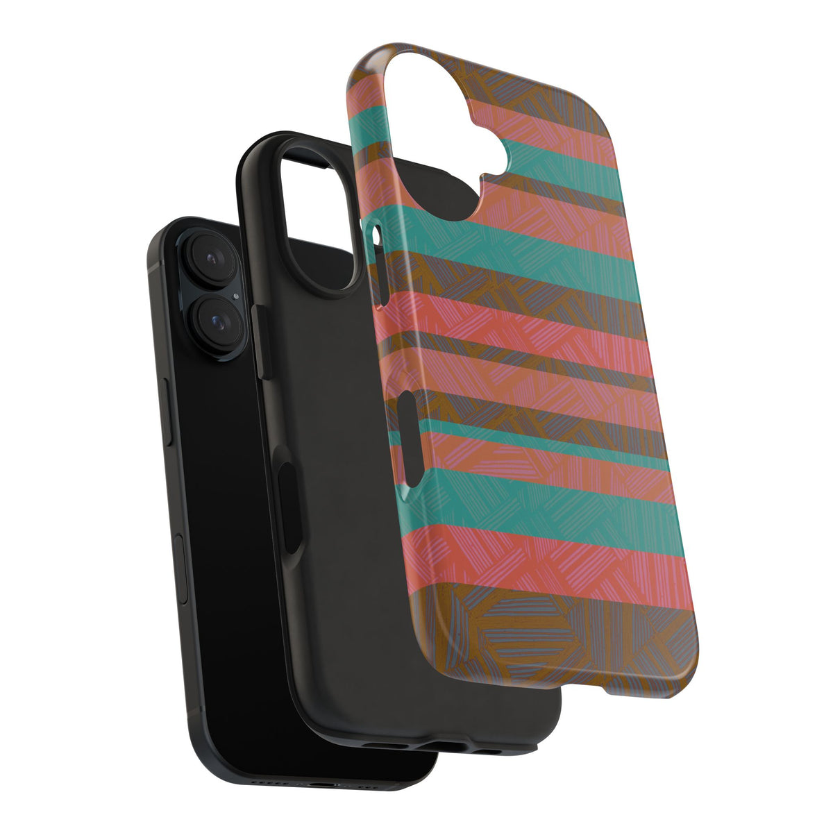 Striped Tribal Tough Phone Case — Retro Teal & Coral Protective Cover with black shock-absorbing interior and colorful outer shell of a fractyl shockproof iphone 17 pro case