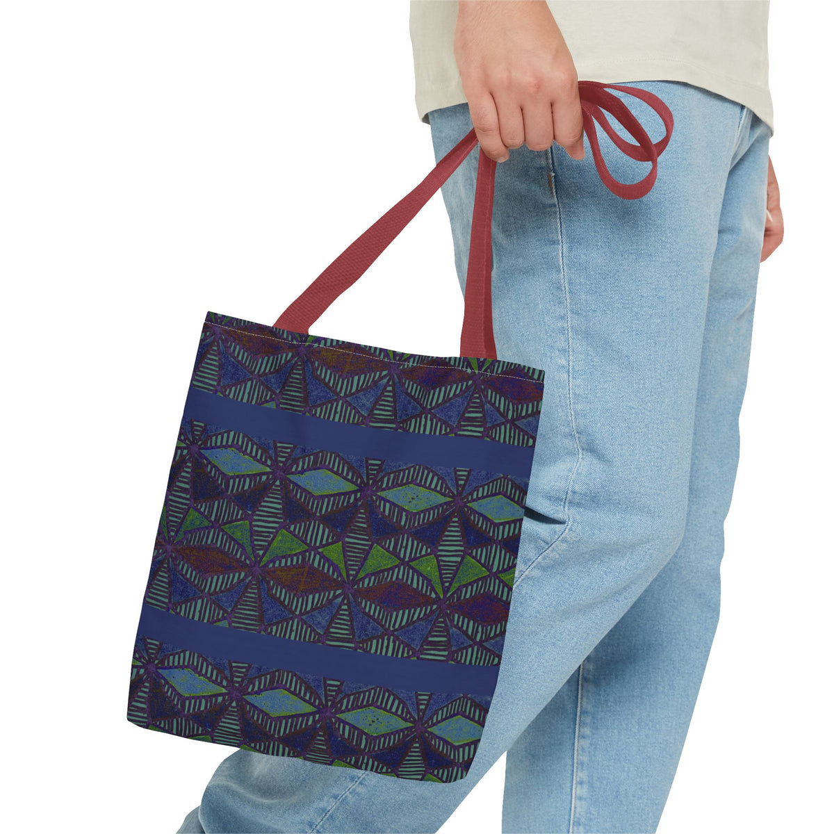 Geometric Indigo Printed Canvas Market Tote With Reinforced Handles And Boxed Corners, large cotton tote with white handles