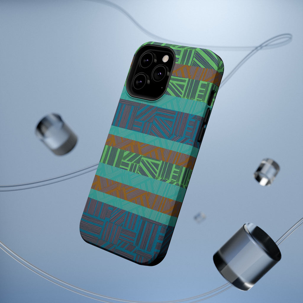 Green Geometric Stripe Phone Case — Impact-Resistant, wireless charging iphone 16 pro max case lifestyle render highlighting its colorful full-wrap print.