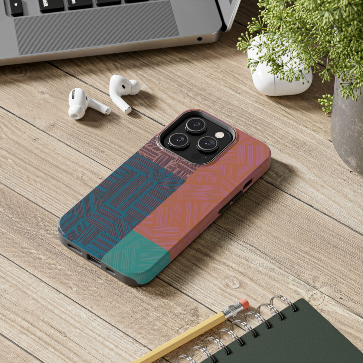 Abstract Geometric Tough Phone Case — Retro Block Pattern, retro iphone 18 pro max case with slim side protection and vibrant abstract color blocking.