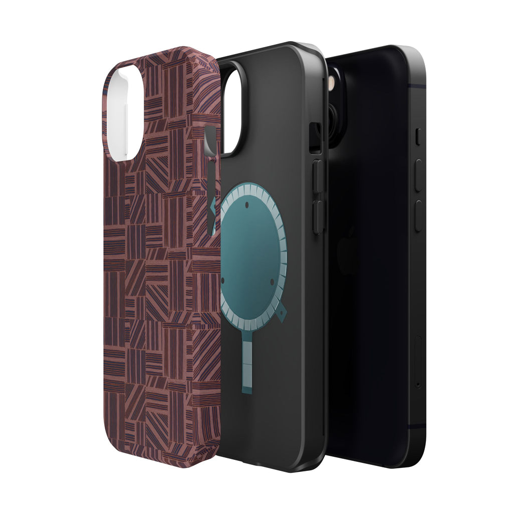 MagSafe Impact Resistant Phone Case - Geometric Brown Pattern, Dual-Layer Protection, upright phone case lifestyle display; impact resistant iphone 17 pro max case