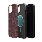 MagSafe Impact Resistant Phone Case - Geometric Brown Pattern, Dual-Layer Protection, upright phone case lifestyle display; impact resistant iphone 17 pro max case