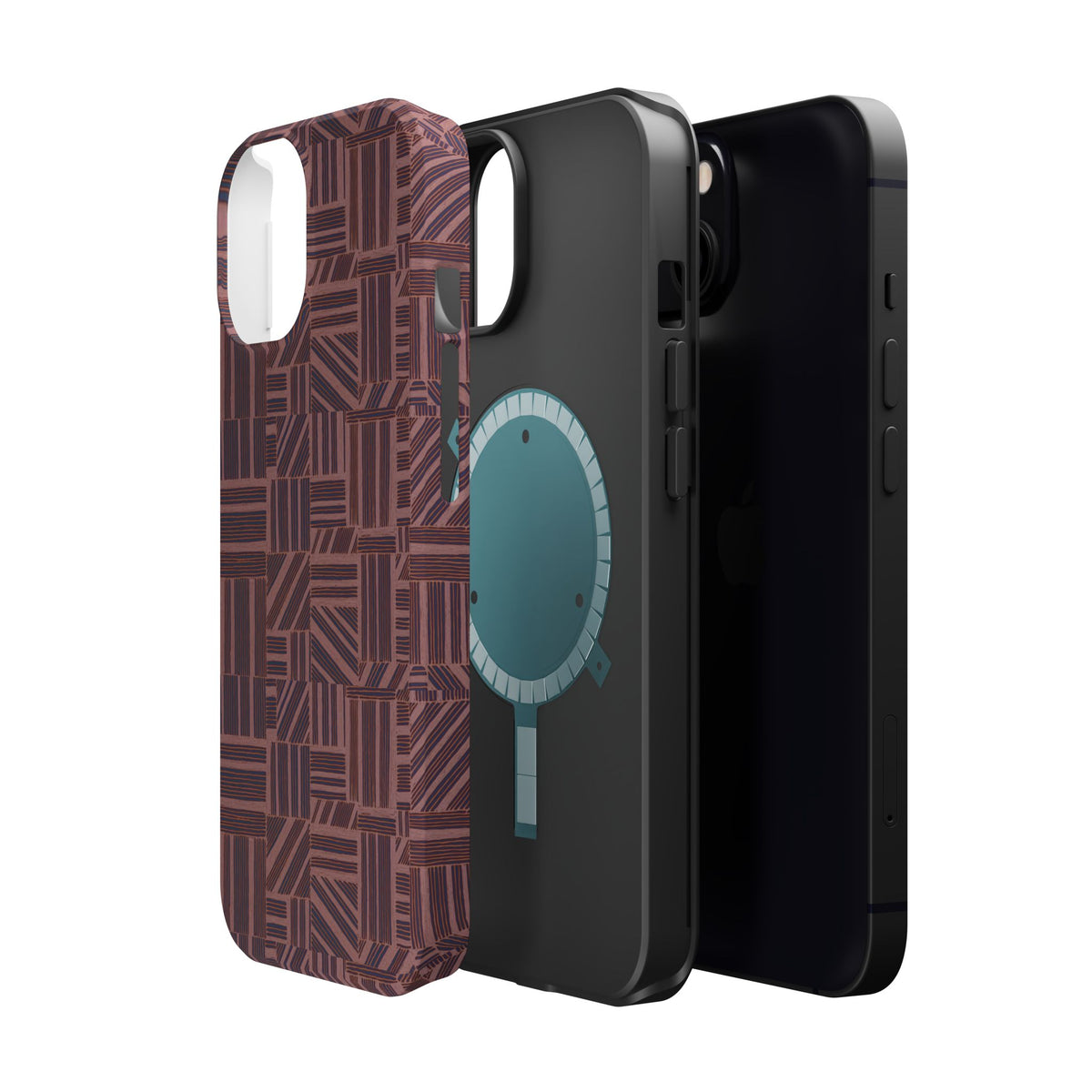 MagSafe Impact Resistant Phone Case - Geometric Brown Pattern, Dual-Layer Protection, upright phone case lifestyle display; impact resistant iphone 17 pro max case