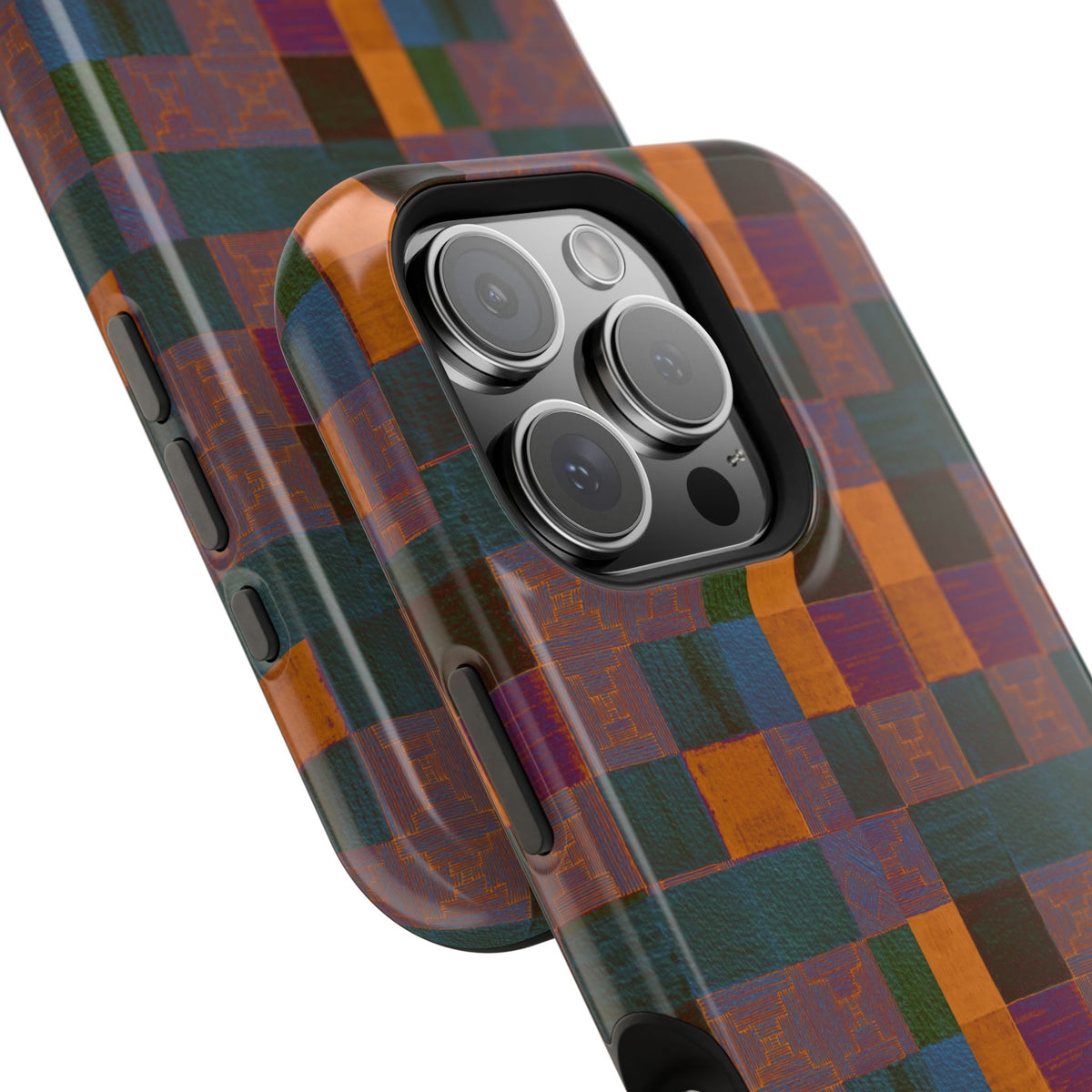 Impact-Resistant Phone Case — Retro Checkerboard Pattern, Fractyl wireless charging iphone 18 pro case with a close-up of its colorful camera surround and side controls.