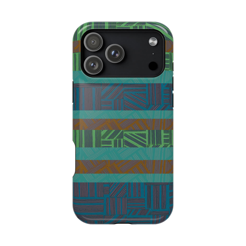 Green Geometric Stripe Phone Case — Impact-Resistant, wireless charging iphone 16 pro max case presented in a full rear view.